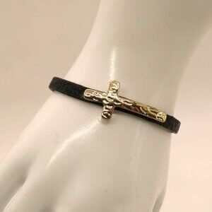 Cross Bracelet Black Leather Hammered Gold Tone Magnetic Clasp Religious Jewelry